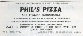 Advertisement for Phil's Pizza in Hattiesburg, Mississippi.